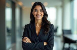 businesswoman smiling in modern office environment. international workers day photo