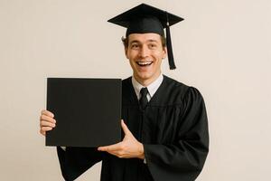 Happy graduate holding diploma in cap and gown celebrating academic achievement photo