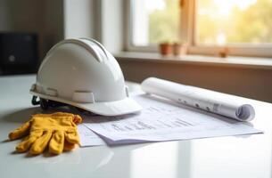 Construction helmet and gloves on architectural blueprints by sunlit window. concept international workers day photo