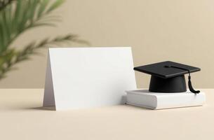 Graduation scene with blank card, mortarboard cap, and book on minimalist desk photo