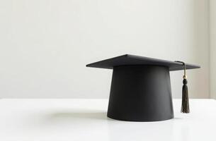 Minimalist black graduation cap on white table in modern academic setting. copy space photo