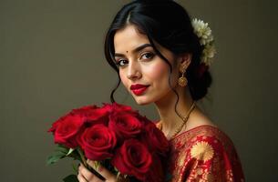Mother's Day. Indian woman dressed in a sari with golden accents, gently holding a bouquet of red roses photo