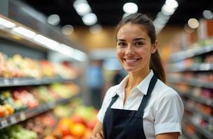 Smiling female employee in grocery store aisle with fresh produce displayed. concept international workers day photo