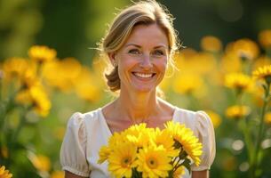 Australian mother smiling gently while holding a bouquet of golden chrysanthemums, wearing a light linen dress, standing in a sunlit garden. Mother's Day photo
