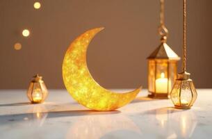 Glowing crescent moon with lanterns on marble table in cozy warm light setting. Eid al-Adha banner photo