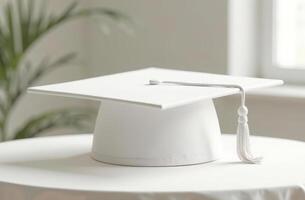 Minimalist white graduation cap with tassel in soft natural light photo