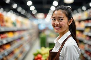 Smiling grocery store employee in apron aisle with fresh produce and blurred background. international workers day photo