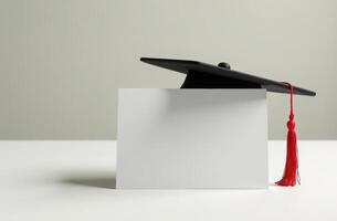 Minimalist graduation cap with red tassel on blank white card background photo