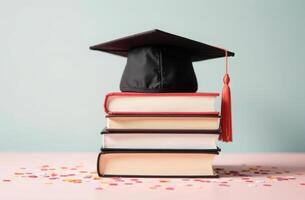 Graduation cap on stack of books with confetti celebrating education success photo
