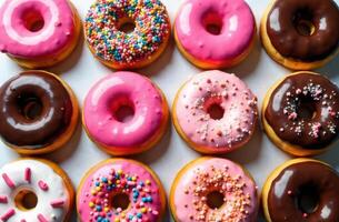 Colorful assorted donuts with pink and chocolate frosting on white background. banner for National Donut , Doughnut day USA photo