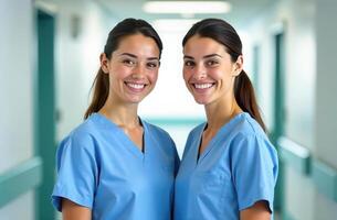 Smiling nurses in hospital corridor teamwork, care, and professionalism in healthcare setting. concept international workers day, Nurse's Day photo