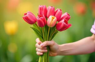 Mother's Day concept. hand hold bouquet of pink and yellow tulips a soft blurred garden background photo