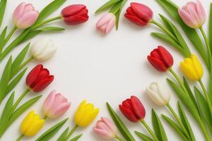 an arrangement of tulips with red, yellow and pink flowers on a white background. space for the text. banner for Mother's Day, birthday, Valentine's Day. photo