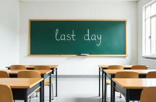 Last day of school classroom with empty desks and green chalkboard photo