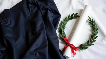 Graduation ceremony essentials rolled diploma, laurel wreath, and academic gown on white surface photo