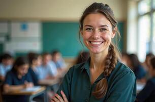 Smiling teacher in classroom setting with students engaged in learning activities. international workers day photo