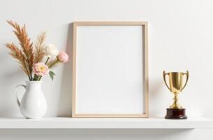 Minimalist shelf display with blank frame, trophy, and floral arrangement in white vase photo