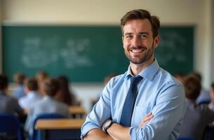 Confident male teacher smiling in classroom with students focused on learning. teacher's Day, international workers day photo