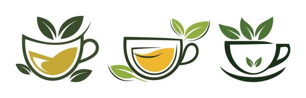 Three Abstract Tea Cup Designs with Leaves vector