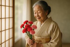 Elderly woman in traditional kimono holding red and pink carnations near window. Mother's Day photo