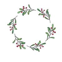 round frame with twigs and red berries. New Year and Christmas card with place for text. Lingonberry berries and greens, plant branches, botanical illustration. vector