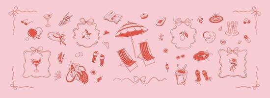 Coquette style girly design elements on pink background. Summer beach bachelorette party sketch outline drawings. Italian vacations. Aesthetic picnic design elements. Whimsical bow frames and corners vector