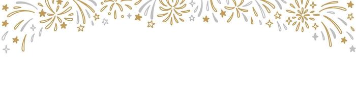 Merry Christmas and Happy New Year firework doodle background. Golden and silver firecracker, stars, confetti, glitter party celebration sketch scribble border. Childish drawing rectangle poster vector