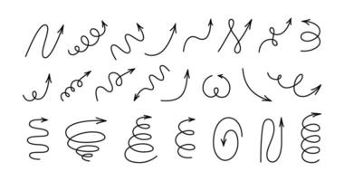 Spiral hand drawn arrow set. Curly line doodle black arrows. Funny design infographic elements. Spiral spring and zig zag pointer. illustrations isolated on white background vector