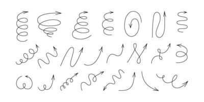Spiral hand drawn arrows set. Curly line doodle black arrows. Funny design elements. Spiral spring and zig zag pointer. illustrations isolated on white background vector