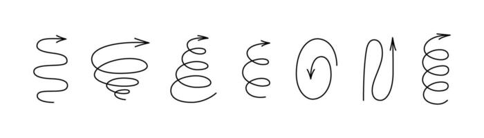 Spiral hand draw arrows set. Curly line doodle black arrows. Funny design infographic elements. Spiral spring and zig zag pointer. illustrations isolated on white background vector