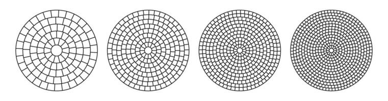 Paved circle pattern tile. Circular brick mosaic. Round radial stone pavement. Paving tile simple floor texture. Black line. illustration on white background vector