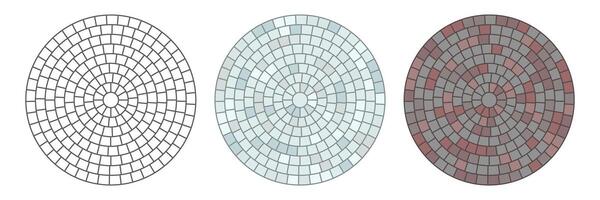Paved circle pattern tile. Circular brick mosaic. Round radial stone pavement. Paving tile simple floor texture. Red stones. illustration isolated on white background vector