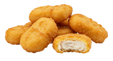 A pile of golden brown chicken nuggets with one nugget cut in half revealing png