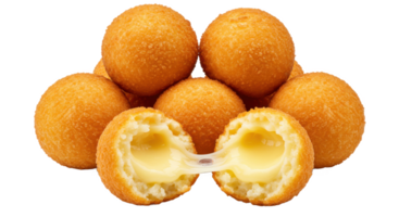 A stack of golden fried cheese balls with one cut in half showing png