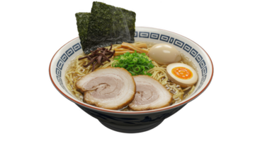 A bowl of ramen with pork slices, sliced egg, seaweed, and other toppings png