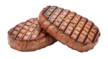 Two grilled beef steaks with visible grill marks and seasoning presented close png