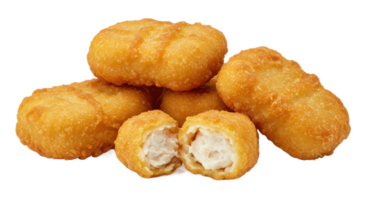 A pile of golden brown chicken nuggets with one nugget cut in half png