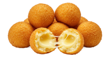 A pile of golden fried cheese balls with one split open revealing png