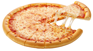 A whole pizza with a slice being pulled away showing the melted png