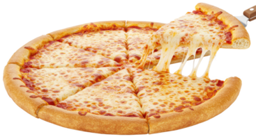 A whole pizza with a slice being lifted showing melted cheese on a transparent png