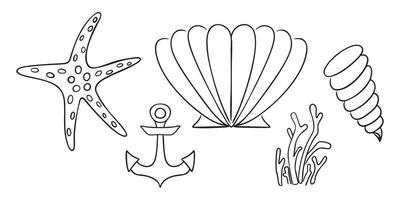 Outline Set of Sea elements - Starfish, Shells, anchor and corals. Mooring, Conch doodle. Collection of ocean Contour pieces for coastal and beach decor. Fan shell Coloring page. illustration vector