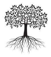 Shape of Black Tree with Leaves and Roots. outline Illustration. vector
