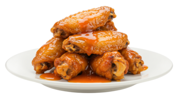 A stack of delicious chicken wings covered in a sweet and savory sauce on a white plate isolated png