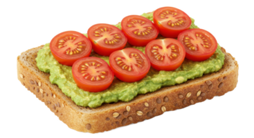 A slice of whole wheat bread topped with avocado and sliced tomatoes for a healthy snack option png