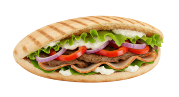A close up view of a sandwich with meat lettuce tomato and onion on a toasted pita bread bun png