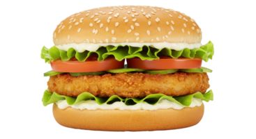 A close up view of a chicken burger with lettuce tomato and sauce on a sesame seed bun isolated png