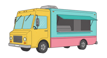 A cartoon style food truck with yellow front and teal back with a pink bottom panel png