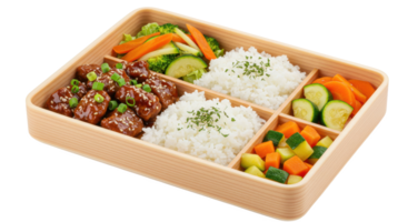 Close up of a bento box containing teriyaki meatballs rice and assorted vegetables in compartments png