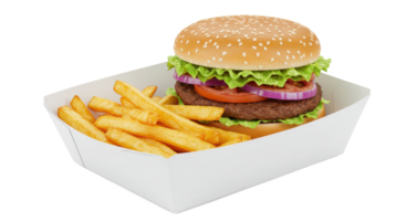 A burger with lettuce tomato and onion next to french fries in a white cardboard container tray png