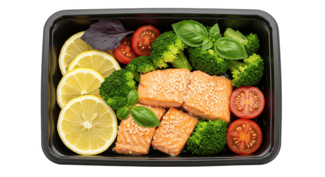 alto Visualizza di un' salmone filetto con broccoli pomodori e Limone nel un' nero contenitore per portare fuori png